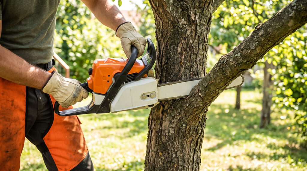 Cutting Tree Branches With Chainsaw